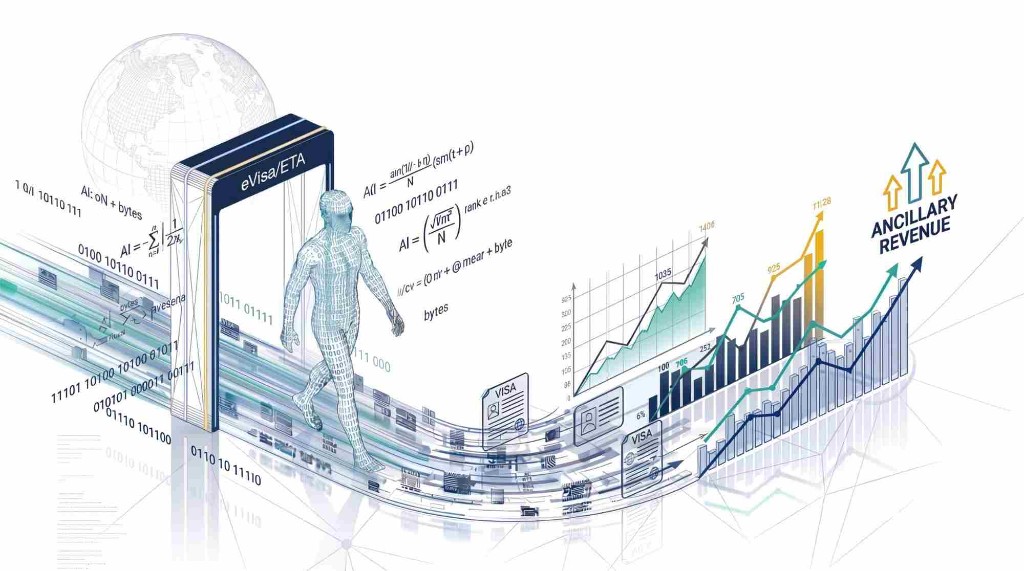 eVisa and ETA processing powering ancillary revenue. Data flows through AI and visa intelligence into approved applications and revenue growth.