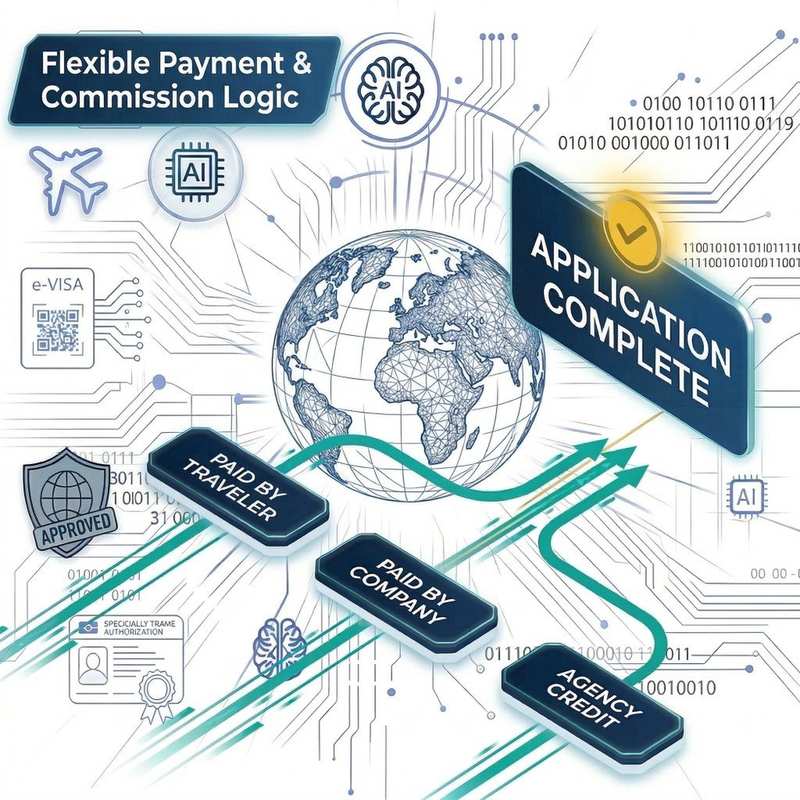 Flexible payment and commission logic, application complete flow, approved security and global processing infrastructure