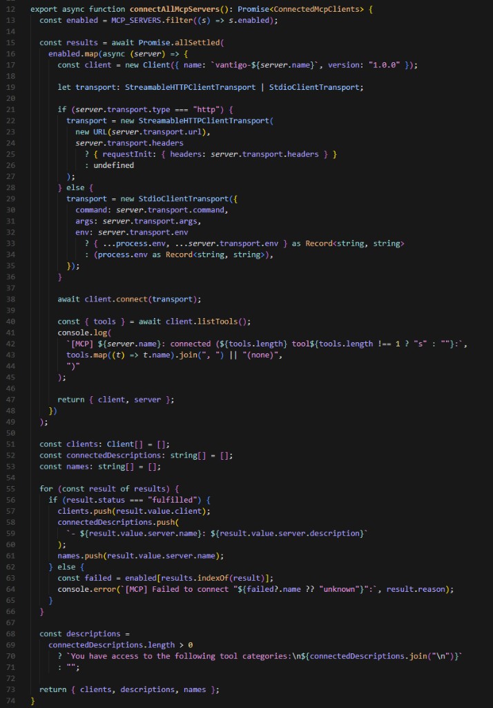 The connectAllMcpServers() function showing Promise.allSettled parallel connection, tool listing, and error handling