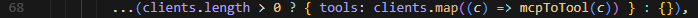 Single line of code passing MCP clients mapped through mcpToTool() into Gemini's config.tools array