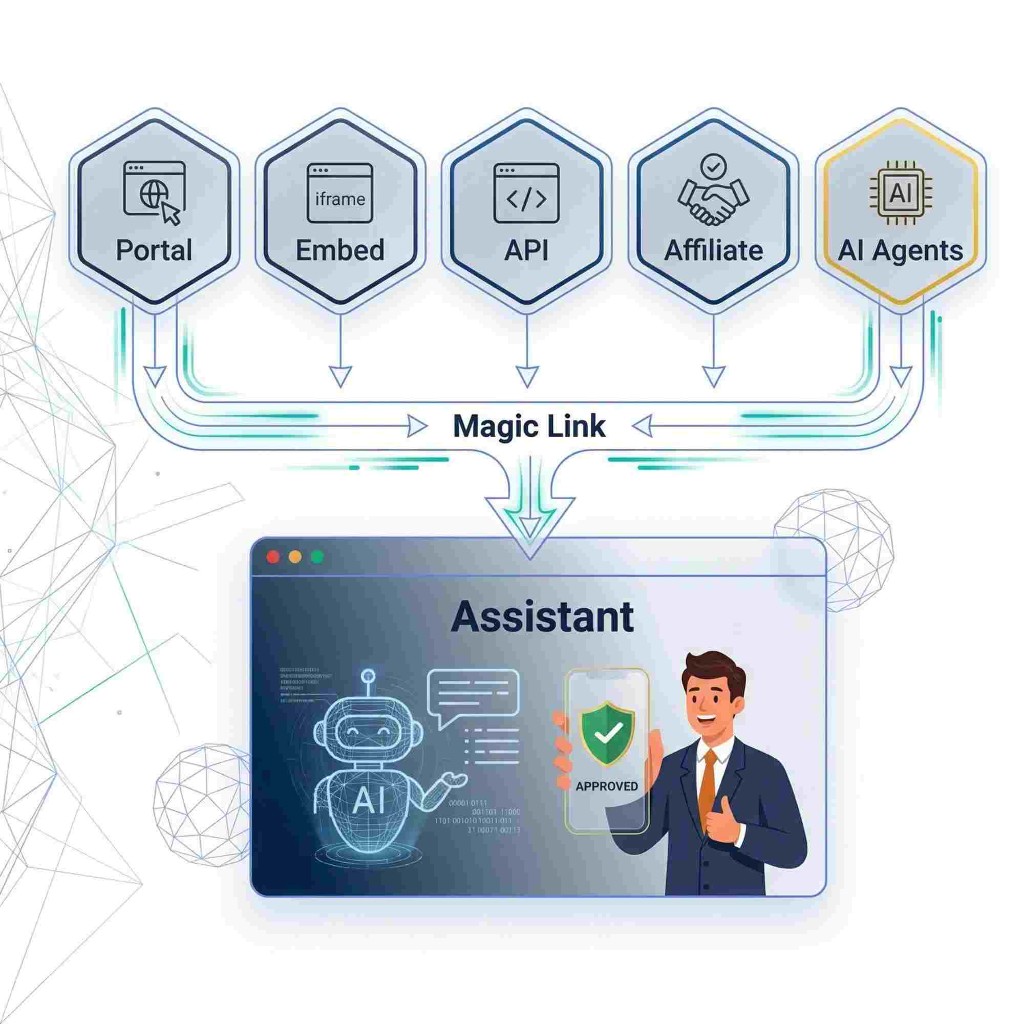 Enterprise multi-channel integration: Portal, Embed, API, Affiliate, AI Agents connected to Assistant dashboard