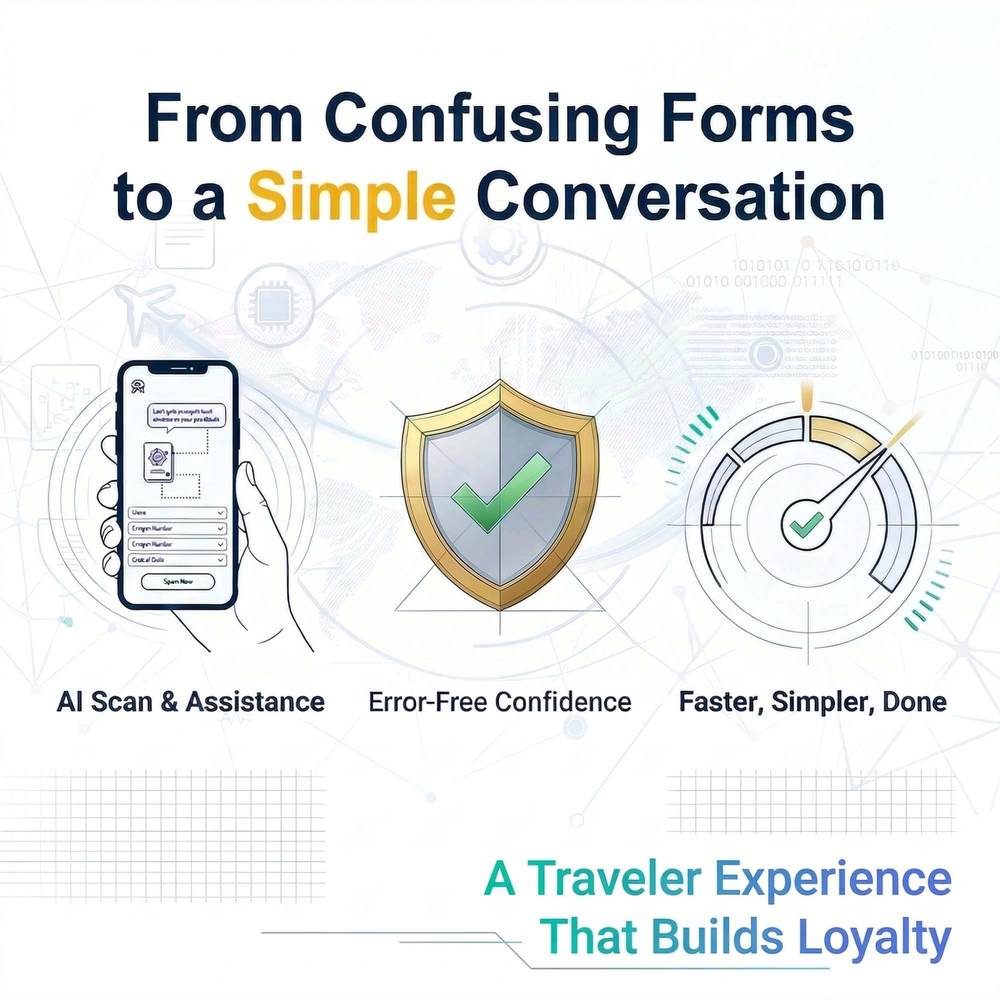 From confusing forms to a simple conversation. AI Scan and Assistance, Error-Free Confidence, Faster Simpler Done. A traveler experience that builds loyalty.