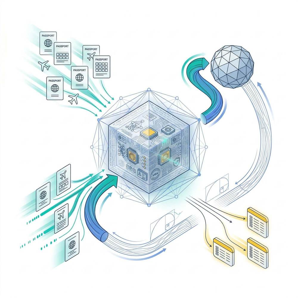 AI visa verification and continuous learning. Passport data flows into the AI processing system, which learns from every visa processed and feeds back into global verification for higher approval rates.