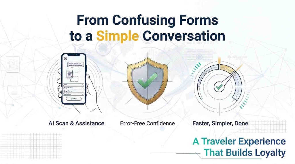 From confusing forms to a simple conversation. AI Scan and Assistance, Error-Free Confidence, Faster Simpler Done. A traveler experience that builds loyalty.