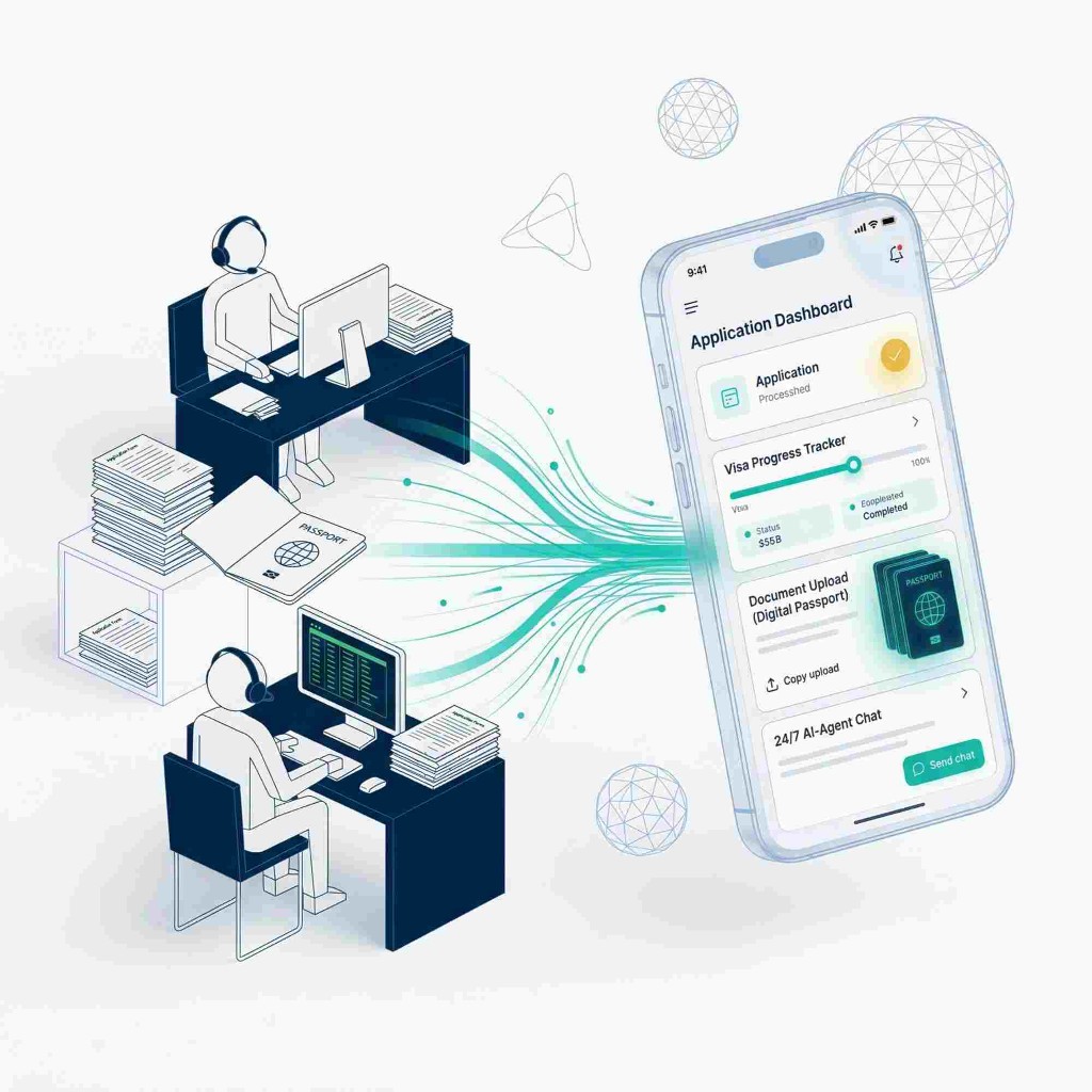 Manual paperwork and passports versus Application Dashboard, visa progress 100% completed, digital passport upload, 24/7 AI-Agent Chat